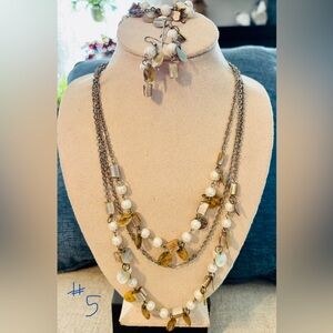 Neutral colored, Multi-Strand Necklace, earring & bracelet set.
